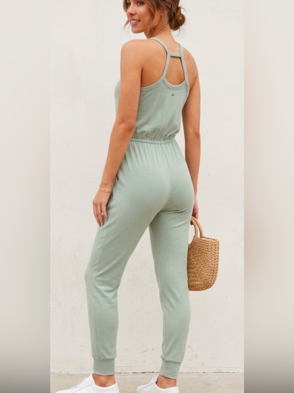 Prana Sage Green Double-Strap Sleeveless Jumpsuit